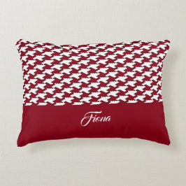 Röd och vit houndstooth mönster monogram prydnadskudde