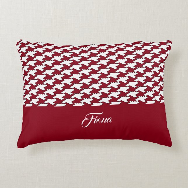 Röd och vit houndstooth mönster monogram prydnadskudde (Framsidan)