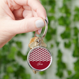 Röd och vit houndstooth mönster monogram rund silverfärgad nyckelring