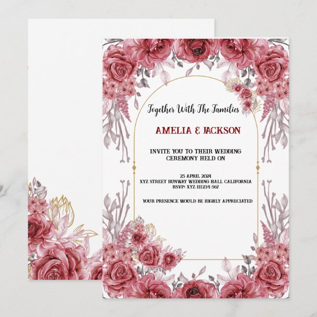 Röd och vit inbjudan till bröllop med vattenfärg (Fram/baksida)