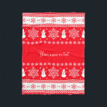 Röd och vit jul fleecefilt<br><div class="desc">Juldesign med vitt snöflingor, snögubbar, stars och stripes på röd bakgrund och text.</div>