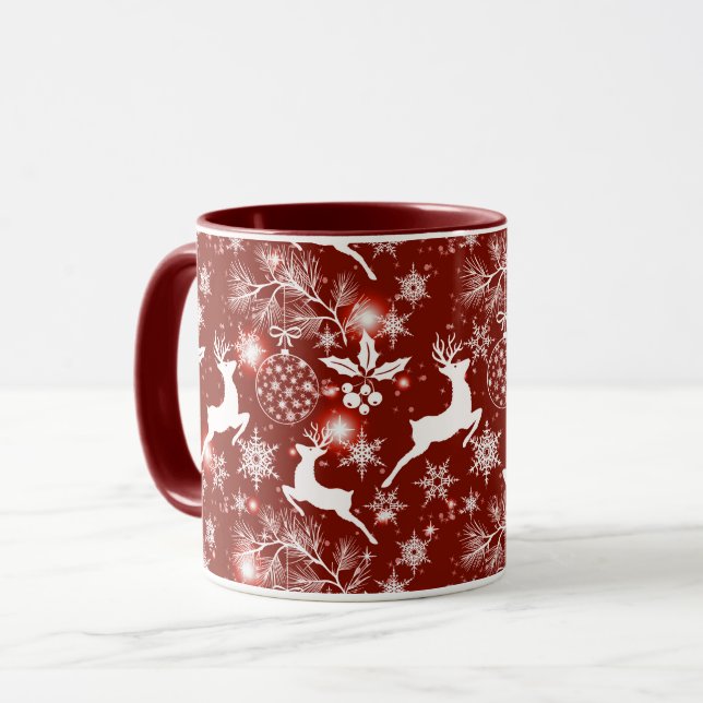 Röd och vit jul mönster med renar mugg (Framsida vänster)