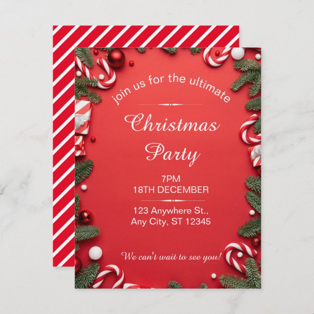 Röd och vit julafton Party Julkort (Fram/baksida)