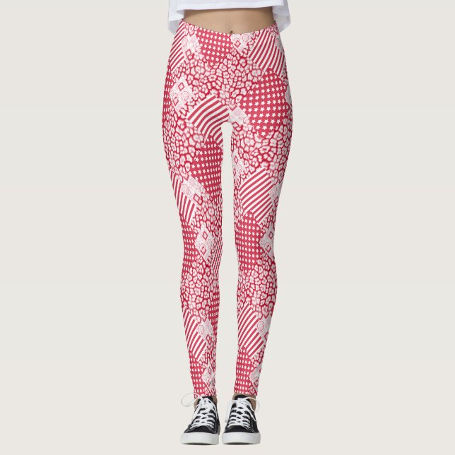 Röd och vit lapptäcke leggings (Framsida)