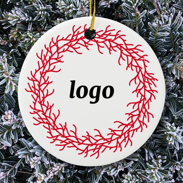 Röd och vit Logotyp för andning Julgransprydnad Keramik (Logo wreath business promotional ceramic holiday ornament)