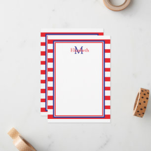 Röd och vit med marint blått Rand monogram Anteckningskort