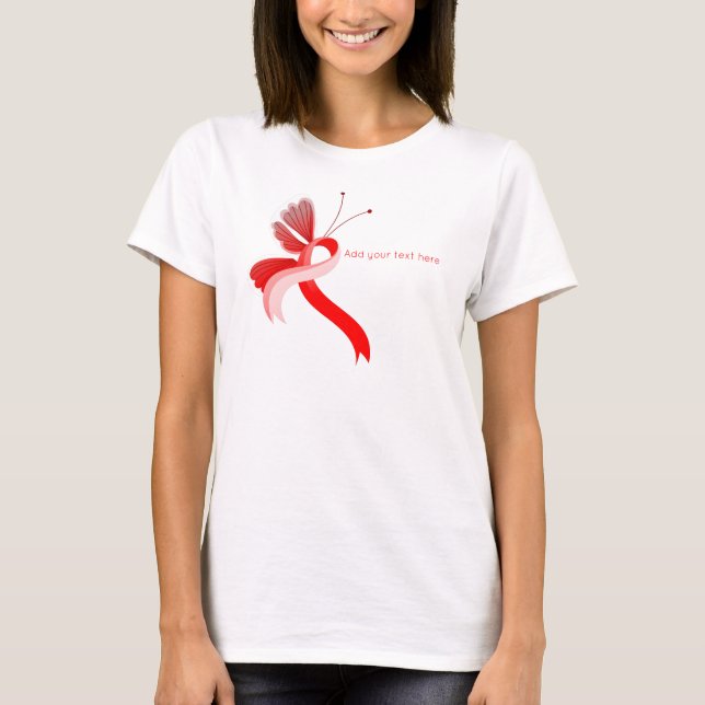 Röd och vit medvetenhet Ribbon Butterfly T-Shirt (Framsida)
