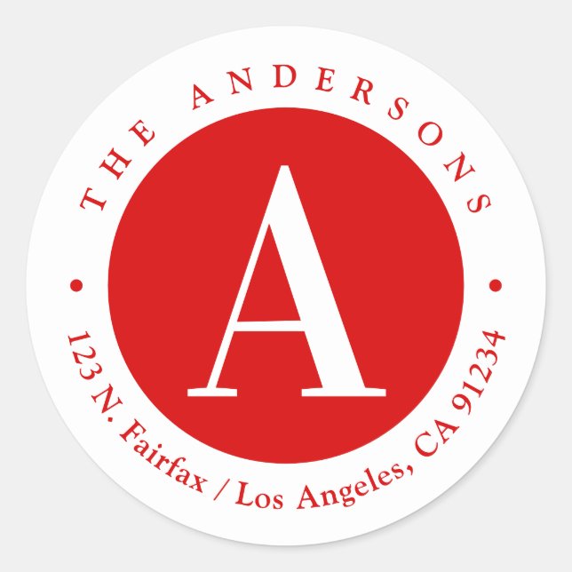 Röd och vit | MonogramReturadress Runt Klistermärke (Framsida)