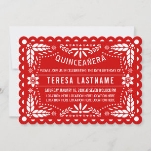 Röd och vit papel picado Quinceañera Inbjudningar