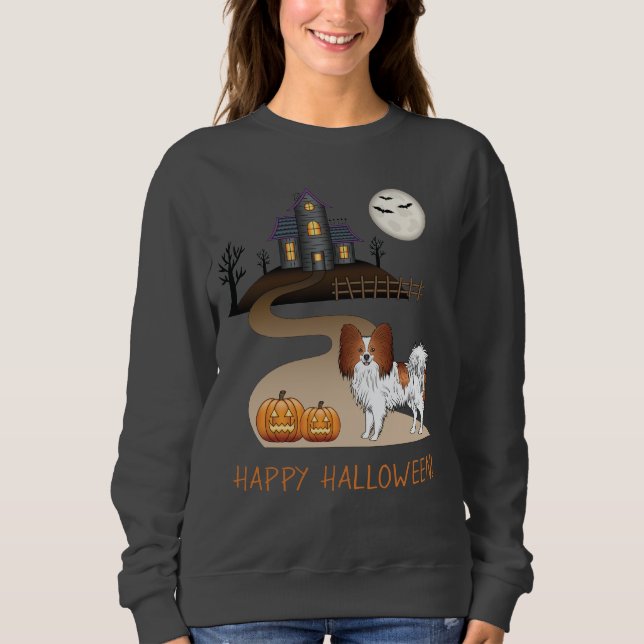Röd och vit Papillon & Halloween Spökhus T Shirt (Framsida)