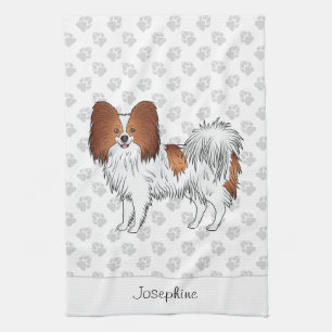 Röd och vit Papillon-hund med tassar och text Kökshandduk