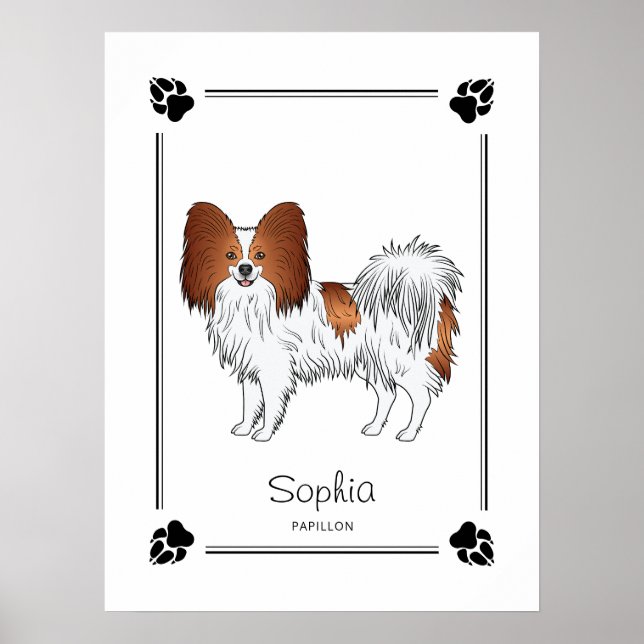 Röd och vit Papillon-hund med tassar och text Poster (Framsidan)