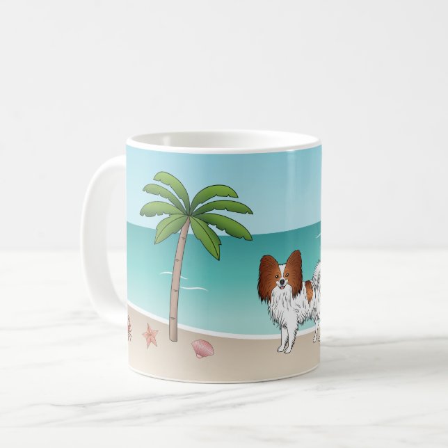 Röd Och Vit Papillon Hund Tropisk Sommarstrand Kaffemugg (Framsida vänster)