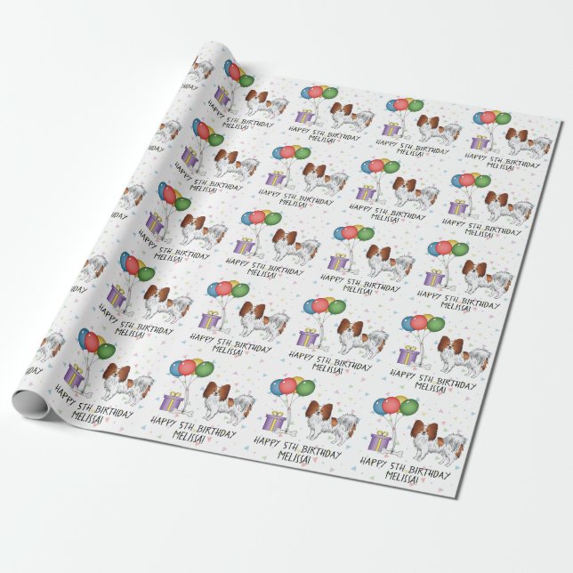 Röd Och Vit Papillon Söt Hund - Födelsedag Presentpapper (Utrullad)