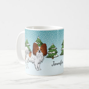 Röd och vit papillon söt hund i vinter skog kaffemugg