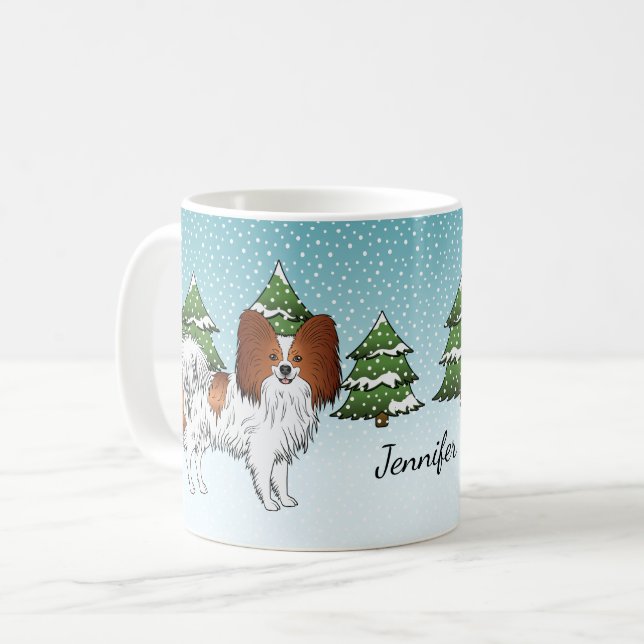 Röd och vit papillon söt hund i vinter skog kaffemugg (Framsida vänster)