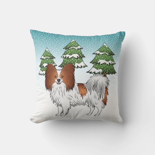 Röd och vit papillon söt hund i vinter skog kudde (Framsida)