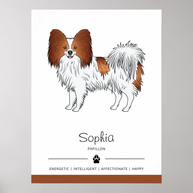 Röd och vit Papillon Söt Hund Med Anpassad Text Poster (Framsidan)
