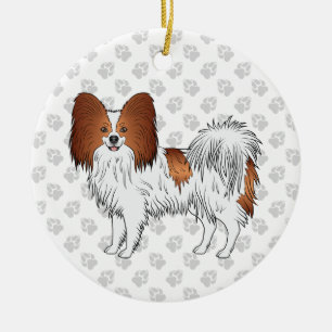 Röd och vit papillon söt hund med tassar julgransprydnad keramik