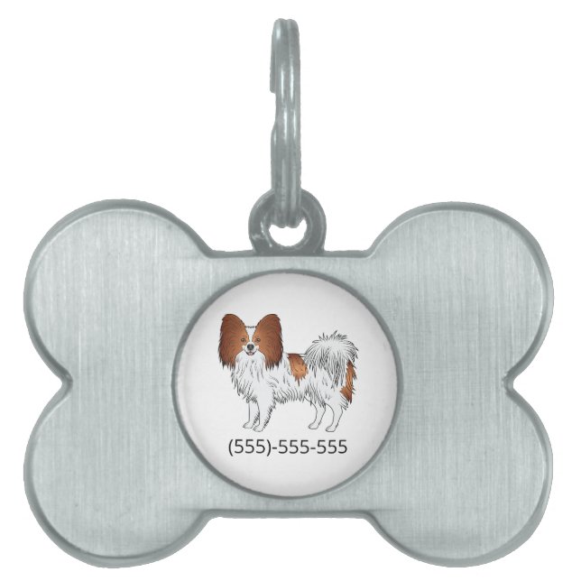 Röd Och Vit Papillon Söt Hund Och Telefonnummer ID-bricka Husdjur (Framsidan)