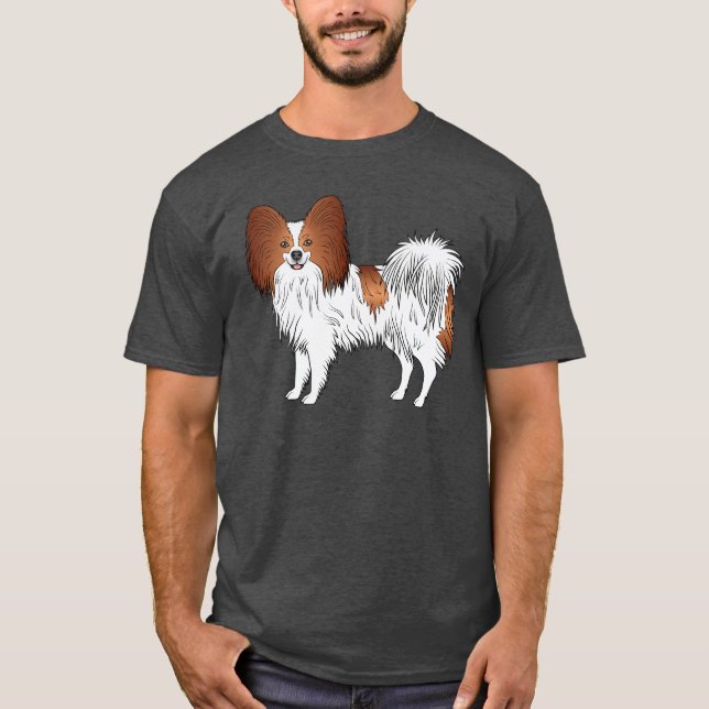 Röd och vit Papillon Söt Tecknad Hund Ritning T Shirt (Framsida)