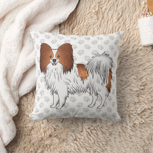 Röd och vit Papillon Tecknad Hund Med Tassar Kudde (Filt)