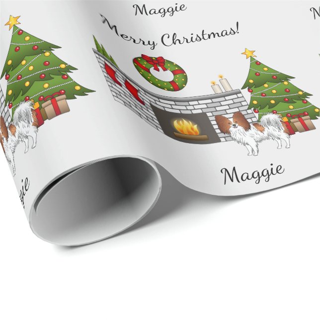 Röd och vit papillonhund i ett julrum presentpapper (Rullad Hörn)