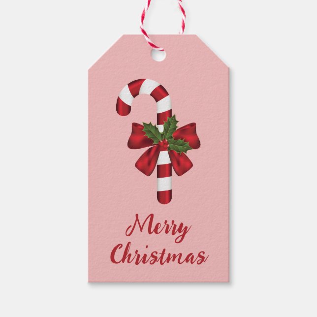 Röd Och Vit Pepparkaksstav Med God Jul Text Presentetikett (Framsidan)