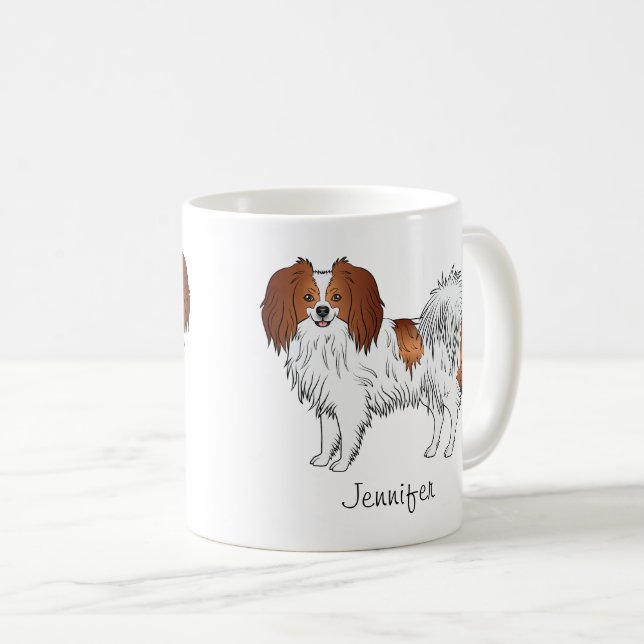 Röd och vit Phalène-hund med anpassat namn Kaffemugg (Framsida höger)