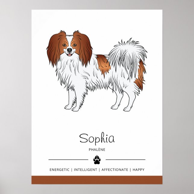 Röd och vit Phalène-hund med husdjurets eget namn Poster (Framsidan)