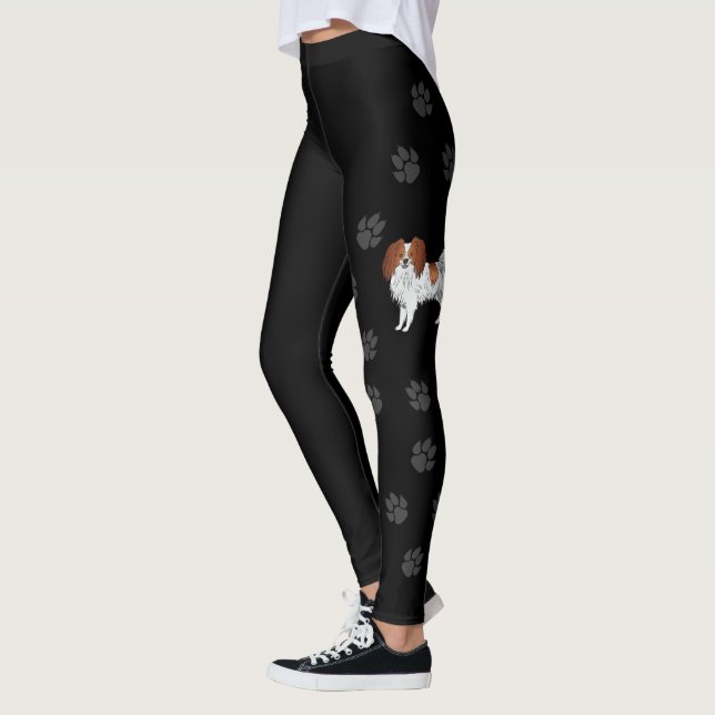 Röd och vit Phalène-hund med tassavtryck på svart Leggings (Vänster)