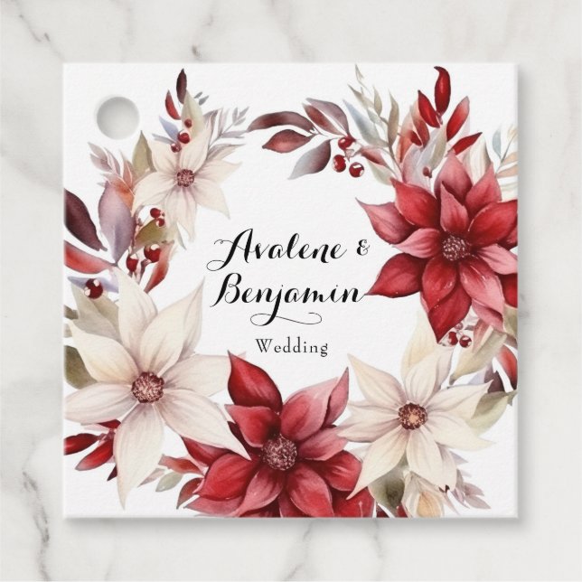 Röd och vit Poinsettia Watercolor Bröllop Gåvor Etiketter (Framsida)