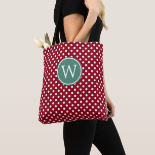 Röd och vit prickig med djup teal monogram tygkasse