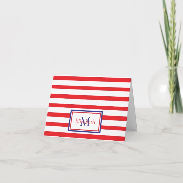 Röd och vit Rand med marint blått monogram Anteckningskort (Framsida)