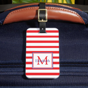 Röd och vit Rand med marint blått monogram Bagagebricka