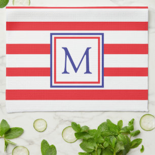 Röd och vit Rand med marint blått monogram Kökshandduk