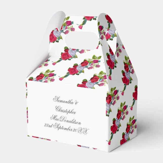 Röd och vit ro blommigt bröllop bouquet presentaskar (Framsidan Sidan)