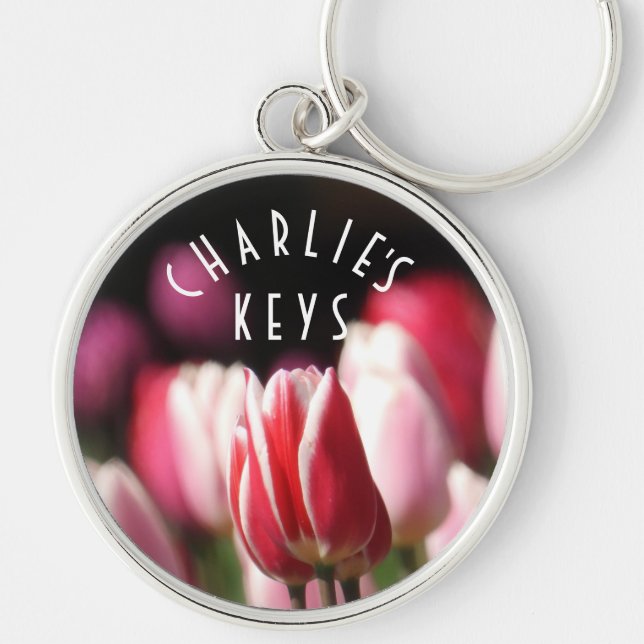 Röd och vit, Rosa Tulips *personalisera* Rund Silverfärgad Nyckelring (Framsidan)