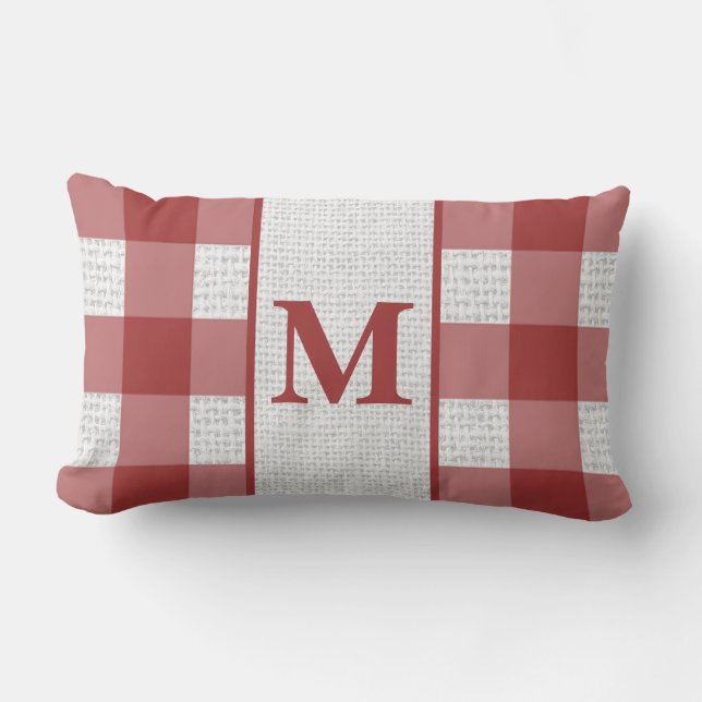 Röd och vit rutig lårkudde med monogram lumbarkudde (Framsida)