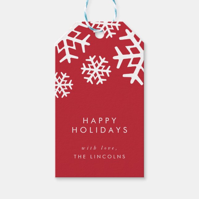 Röd och vit Snöflingor | GLAD HELG Presentetikett (Framsidan)