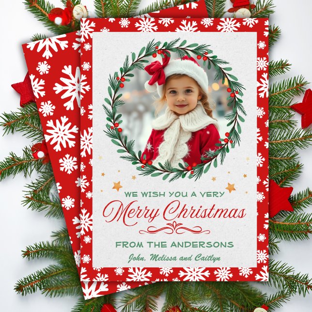 Röd och vit snöflingor med kransad julfoto julkort (Red & White Snowflake With Wreath Christmas Photo Holiday Card)