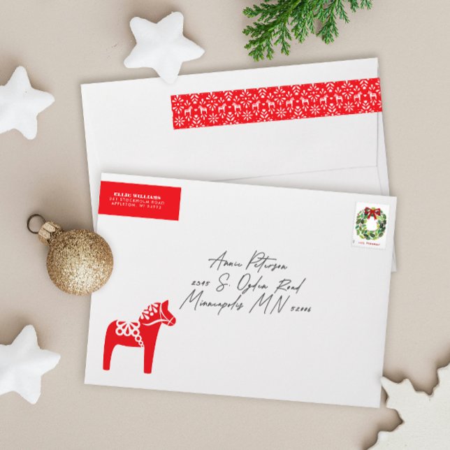 Röd och vit svensk dalahäst returadress etikettband (red and white Dala horse themed Scandinavian folk art pattern wrap around return address label)