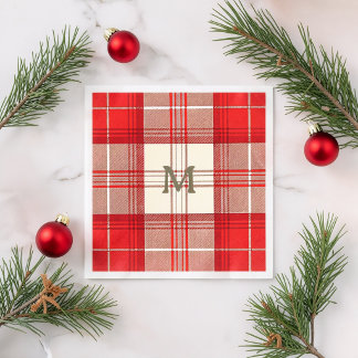 röd och vit tartan anpassad monogram pappersservett