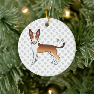 Röd och vit trådhårig Ibizan Hound hund & tassar Julgransprydnad Keramik