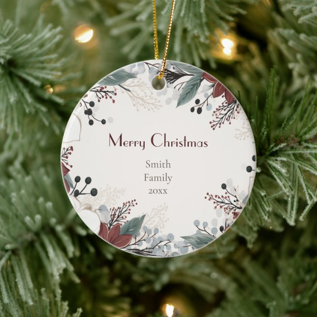 Röd och vit vattenfärg, blommigt jul julgransprydnad keramik (Träd)