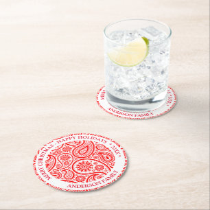 Röd och vit vintage paisley mönster underlägg papper rund