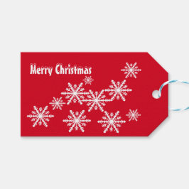 Röd och vit vintertid snöflingor presentetikett