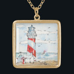 Röd och vitfyrplats guldpläterat halsband<br><div class="desc">Ett vattenfärgtryck av en fyr och en segelbåt på vatten.</div>