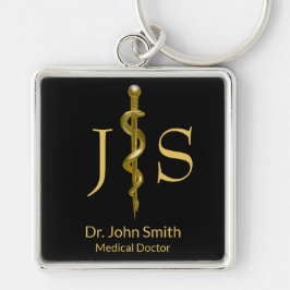 Rod of Asclepius Classy Medical Guld on Black Fyrkantig Silverfärgad Nyckelring