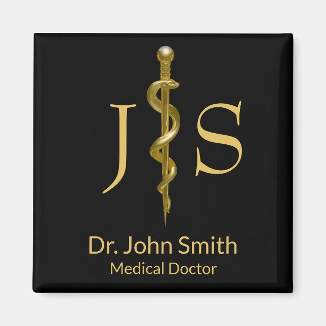 Rod of Asclepius Classy Medical Guld on Black Magnet (Framsidan)